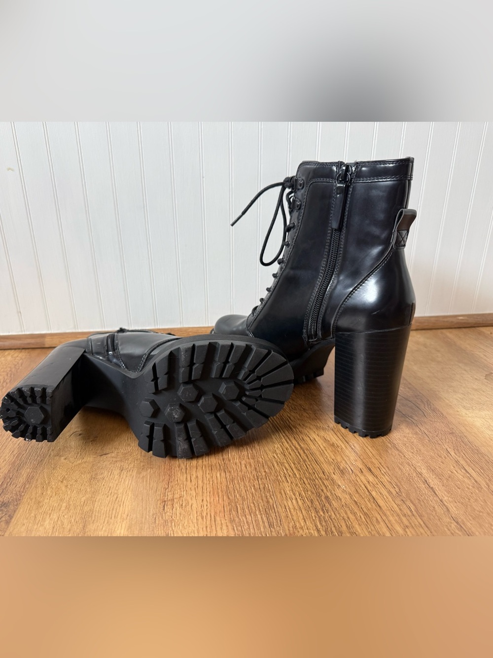 Bershka Black Leather High Block Heel Combat Boots size 8.5 - Picture 6 of 9